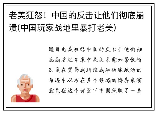 老美狂怒！中国的反击让他们彻底崩溃(中国玩家战地里暴打老美)