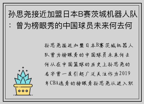 孙思尧接近加盟日本B赛茨城机器人队：曾为榜眼秀的中国球员未来何去何从？