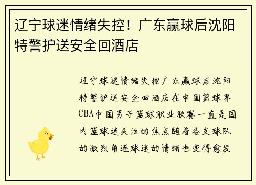辽宁球迷情绪失控！广东赢球后沈阳特警护送安全回酒店