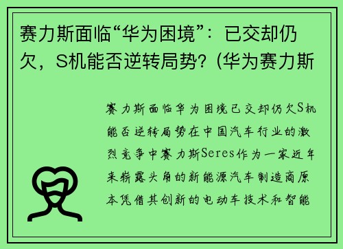 赛力斯面临“华为困境”：已交却仍欠，S机能否逆转局势？(华为赛力斯销量如何)