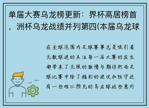 单届大赛乌龙榜更新：界杯高居榜首，洲杯乌龙战绩并列第四(本届乌龙球)
