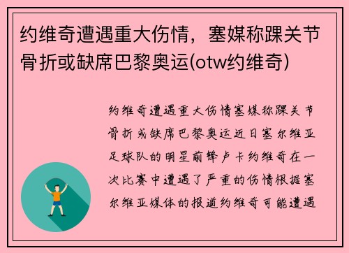 约维奇遭遇重大伤情，塞媒称踝关节骨折或缺席巴黎奥运(otw约维奇)