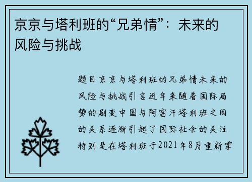 京京与塔利班的“兄弟情”：未来的风险与挑战