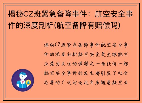 揭秘CZ班紧急备降事件：航空安全事件的深度剖析(航空备降有赔偿吗)