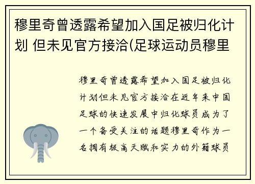 穆里奇曾透露希望加入国足被归化计划 但未见官方接洽(足球运动员穆里奇)