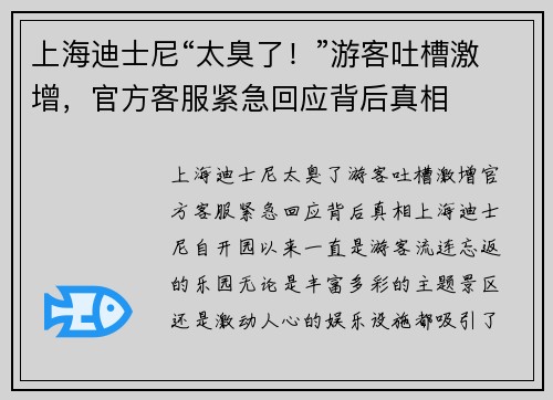 上海迪士尼“太臭了！”游客吐槽激增，官方客服紧急回应背后真相