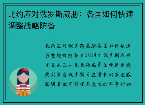 北约应对俄罗斯威胁：各国如何快速调整战略防备